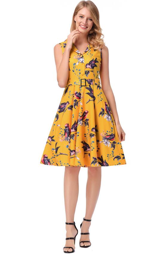 SZ60146-3 Lapel Stealth Zipper Bird Printing Design Skirt Retro Series